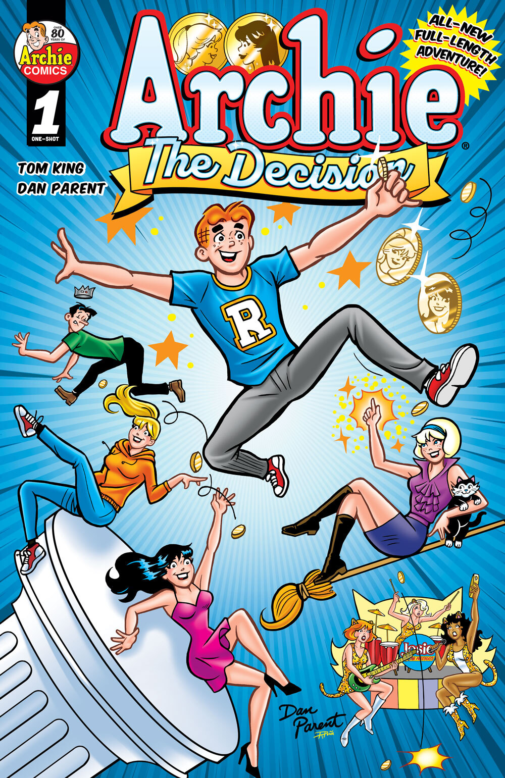 Archie and the rest of the Riverdale gang, including Jughead, Betty, Veronica, and others, float in front of a blue background after being toppled from a pedestal. Several coins flip in the background, and on two of them we can see the images of Betty and Veronica. 