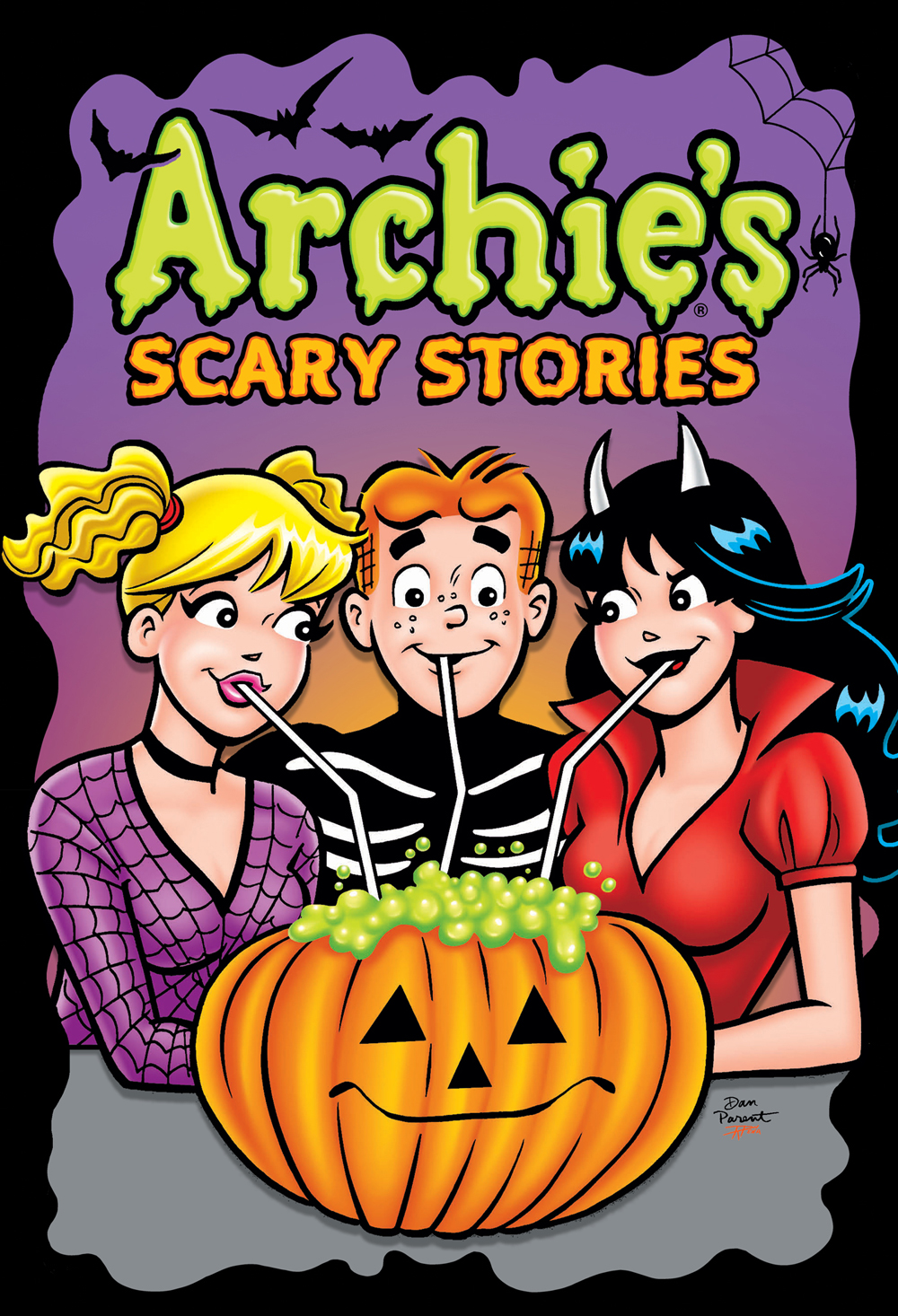 Betty, Archie, and Veronica, wearing Halloween costumes, all sip from straws dipped into a jack-o-lantern filled with bubbling green liquid. They're in front of a purple background with decoarative Halloween bats and spiders.