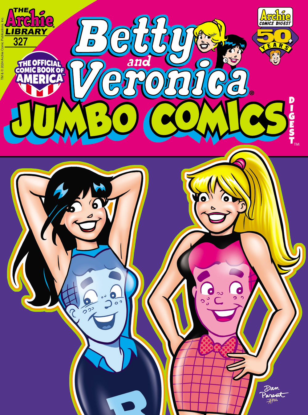 Betty and Veronica smile at the viewer. Each wears a black bodysuit with an image of Archie printed on it.