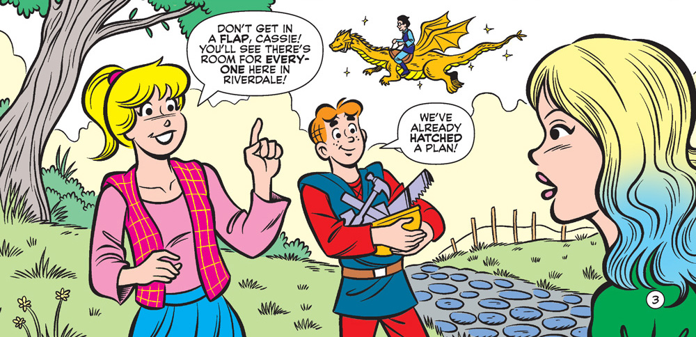 Panel from an Archie Comics story. Betty, Archie, and Cassie Cloud, playacting in a fairy tale setting, have a conversation on a cobblestones path. Betty tells her there's room for everyone in Riverdale, and Archie says they've already hatched a plan. In the background, Dilton flies by on a winged dragon. Cassie is a tall slender white blonde woman with dyed-blue highlights.