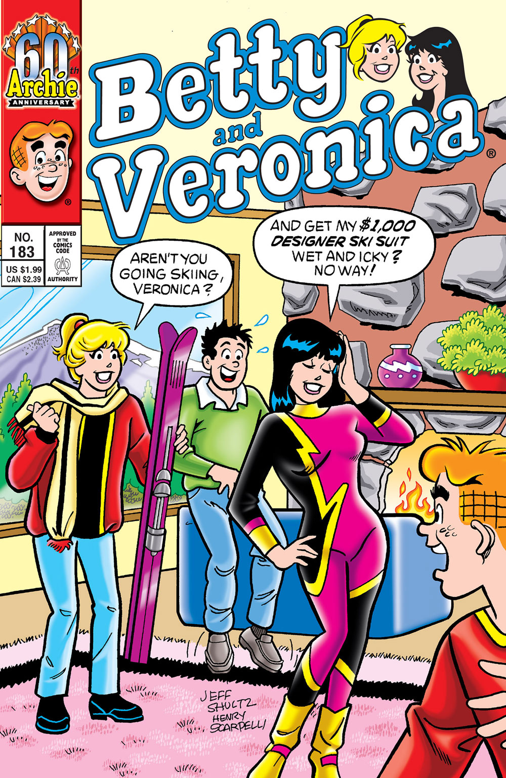 Betty, Veronica, Reggie, and Archie are at a winter ski lodge. Betty is holding skis while Veronica is empty handed, primping and modeling her new designer ski suit. Betty asks if she's going out skiing and she replies that she can't get her $1000 ski suit wet and icky. The boys look on excitedly. 