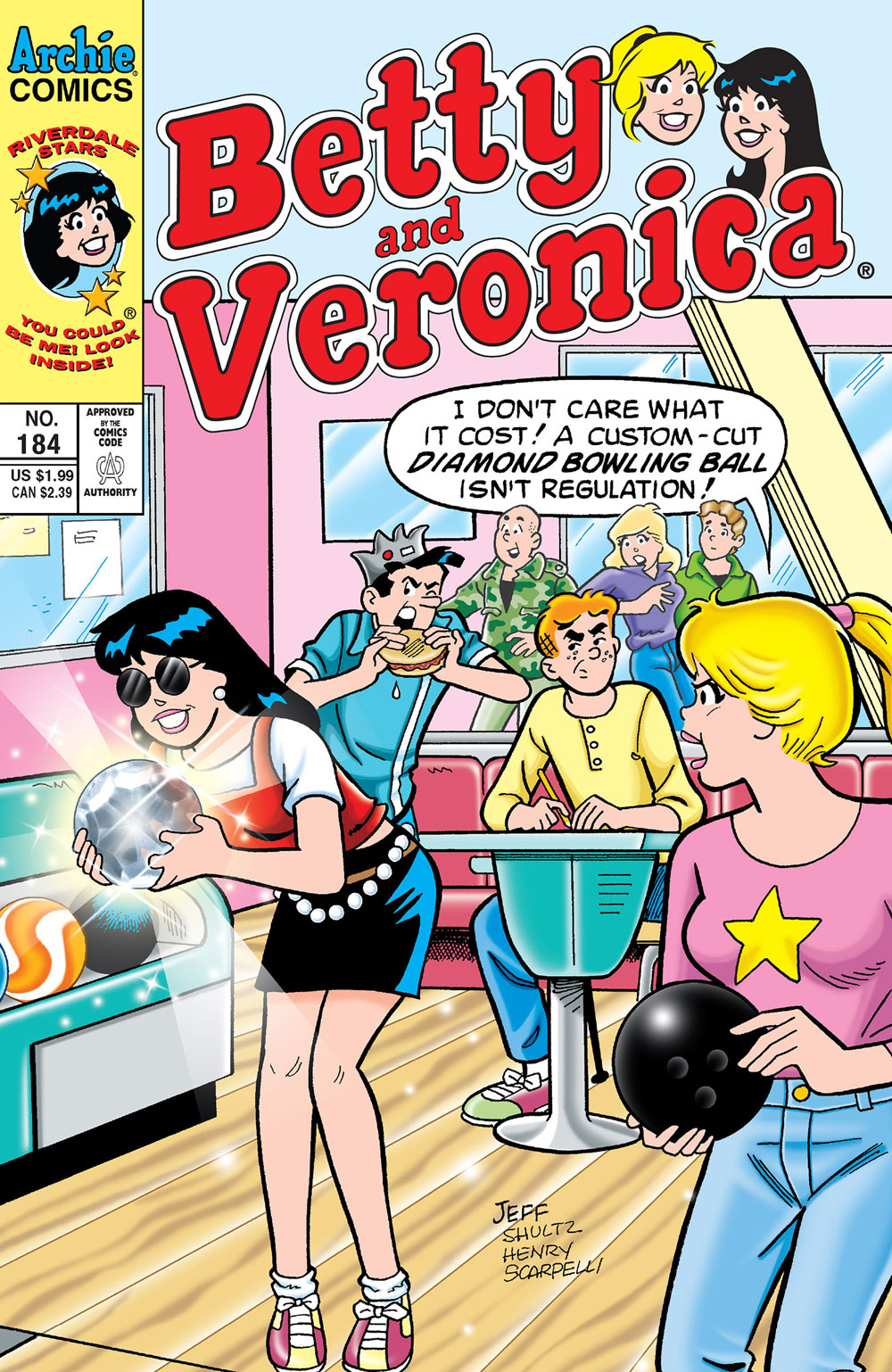 Betty, Veronica, Archie, and Jughead are bowling. Veronica has a shiny diamond bowling ball that's glittering so brightly she has to wear sunglasses. Betty looks angry and says it's against regulations. Archie and Jughead look at Veronica suspiciously. Archie is keeping score and Jughead is eating a hamburger.
