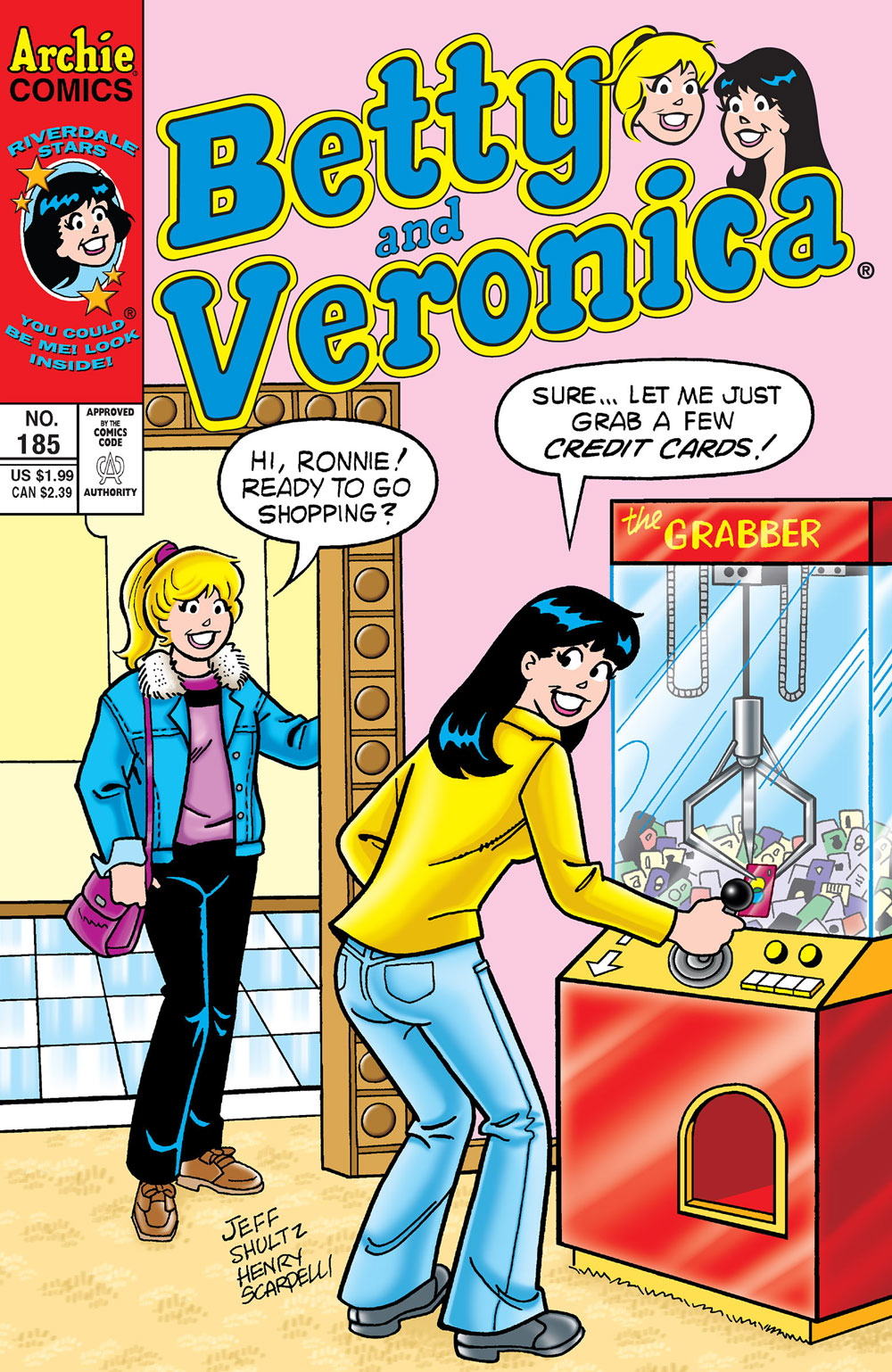 Betty and Veronica are in Veronica's game room. Betty is dressed to go out, and Veronica is playing with a grabber claw machine full of credit cards. Betty asks if she's ready to go shopping and Veronica says yes, she just has to grab a few credit cards first.