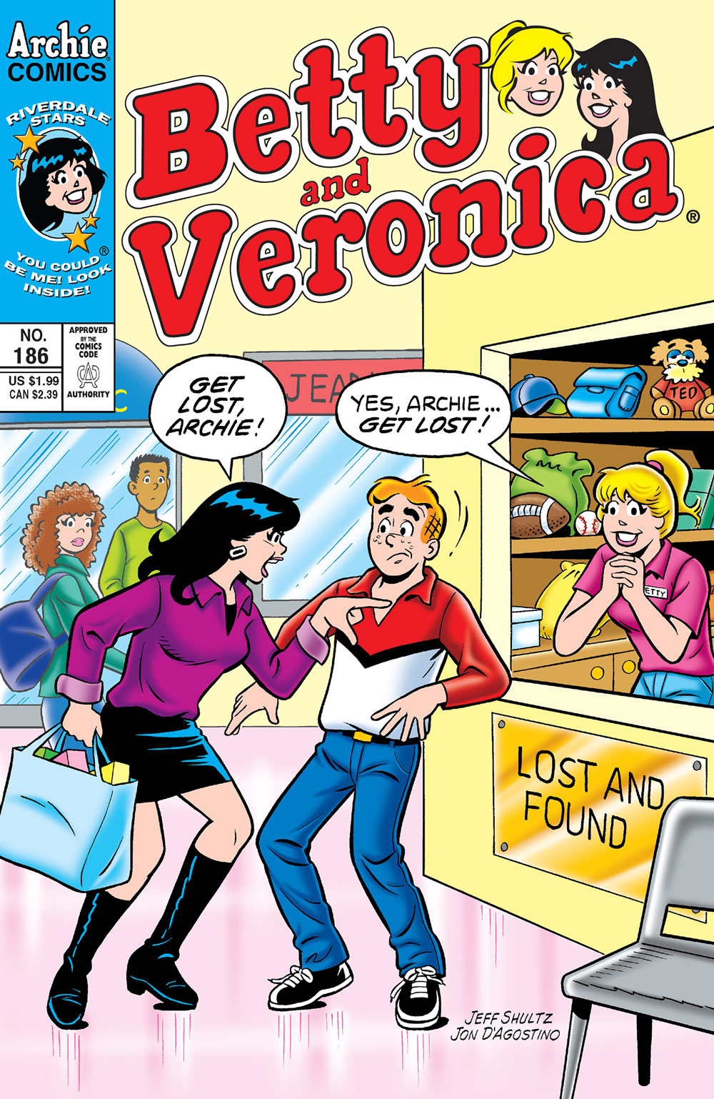 Veronica and Archie are shopping at the mall, and Betty is staffing the lost-and-found. Veronica looks angry, like they were just in a fight. She tells Archie to get lost. Betty looks excited and expectant with her hands clasped under her chin and says yes, she wants Archie to get lost, meaning he'll have to go with her to the lost-and-found.