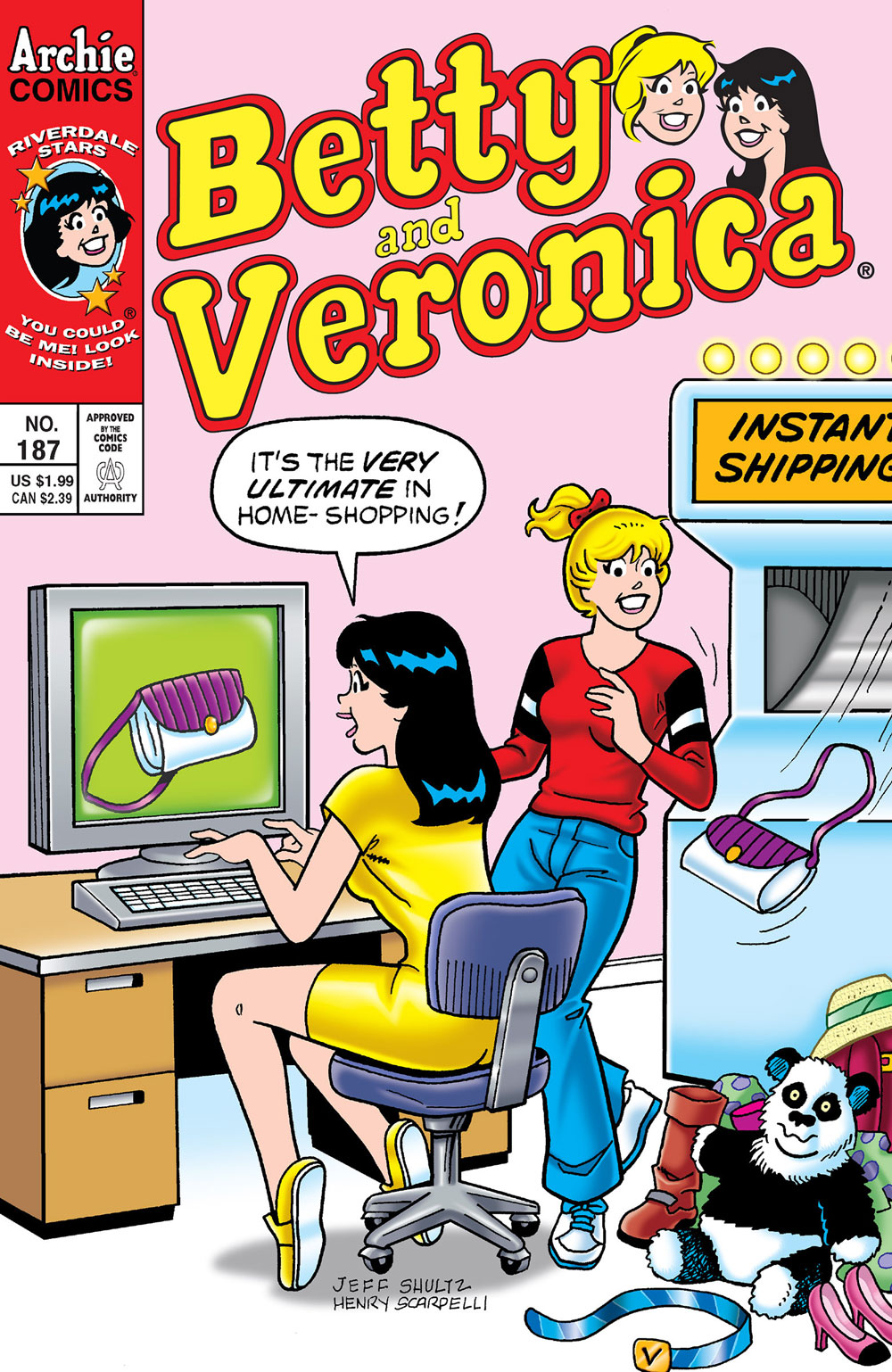Betty and Veronica are shopping online, and the purse Veronica buys instantly comes to her through a chute with a sign that reads: Instant Shopping. She says it's the ultimate in home shopping.
