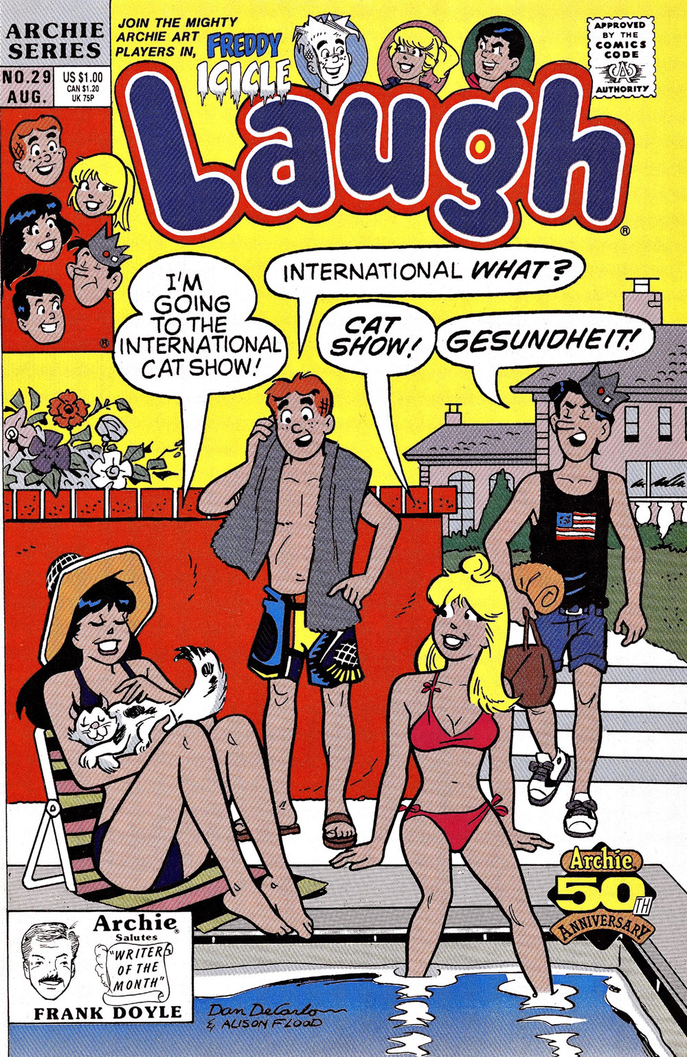 Veronica, Betty, Archie, and Jughead are lounging by Veronica's pool in swimsuits. Veronica is petting a cat and she says she's going to the international cat show. Jughead thinks she has sneezed and says gesundheit.