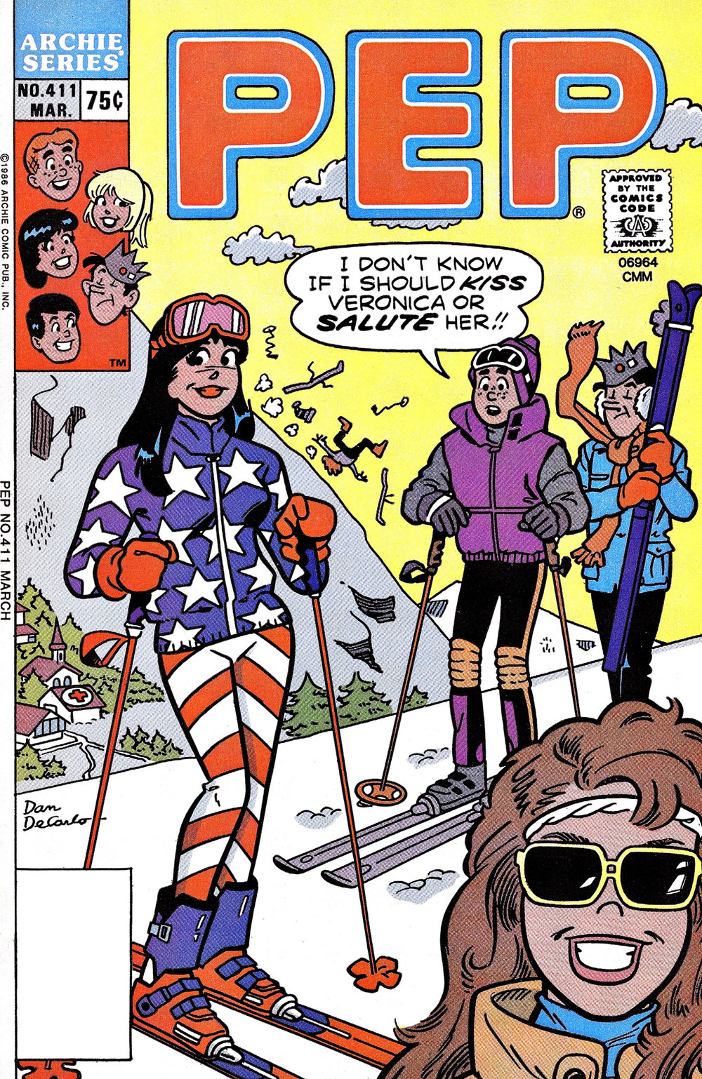 Veronica, Archie, and Jughead are skiing. Veronica wears an American flag-design snow suit. Archie says he doesn't know if he should kiss her or salute her. Someone unknown falls down the ski slope in the background. 