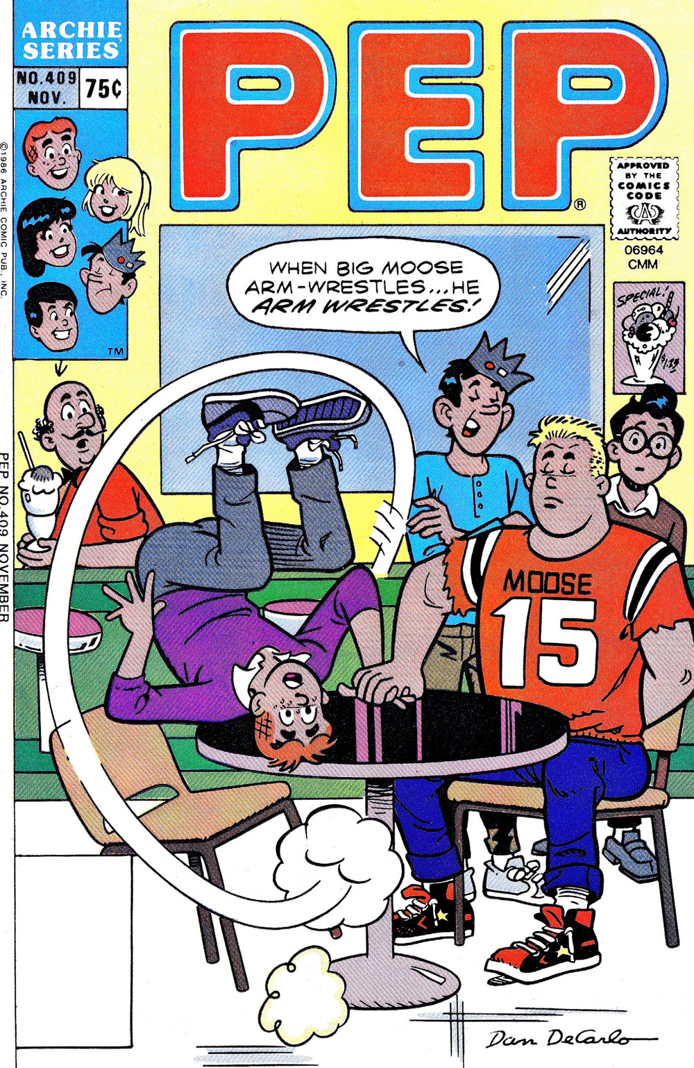 Moose and Archie are arm wrestling at Pop's diner, and Moose has flipped Archie over completely on his head. Jughead says when Big Moose arm wrestles, he really arm wrestles.