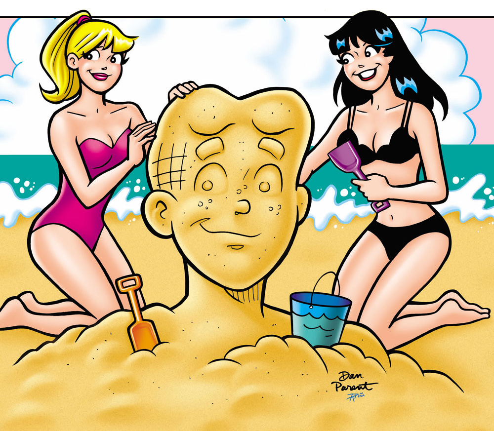 Betty and Veronica are in swimsuits on the beach, smiling. They're building a sand sculpture of Archie's face.