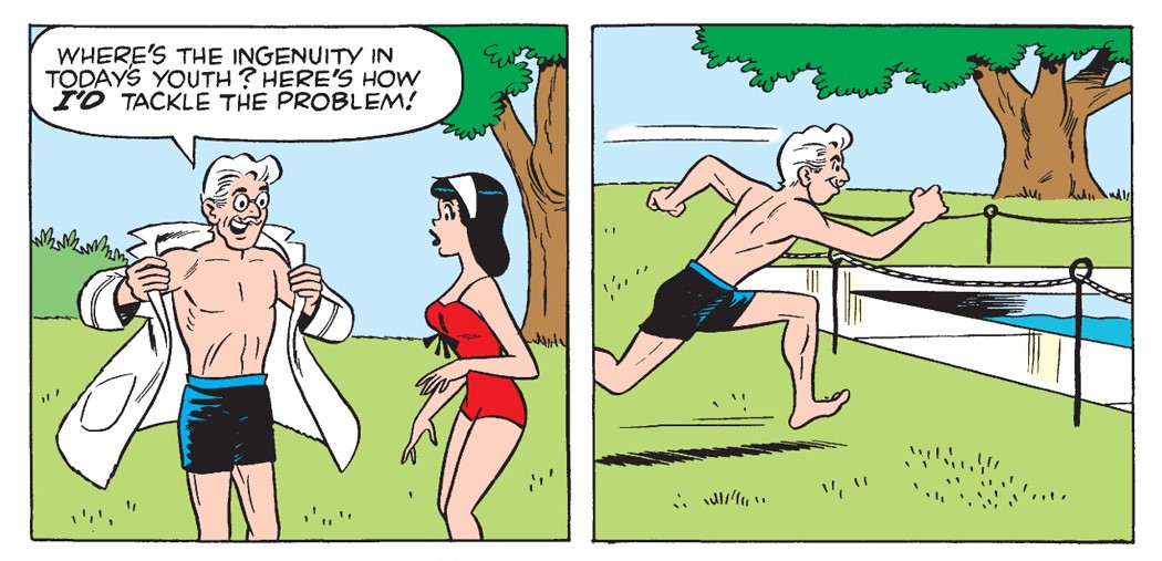 Panels from an Archie Comics story. Mr. Lodge takes off his shirt and runs towards his swimming pool saying there's no ingenuity in today's youth, and here's how we would tackle the problem. Veronica listens with an alarmed look on her face.