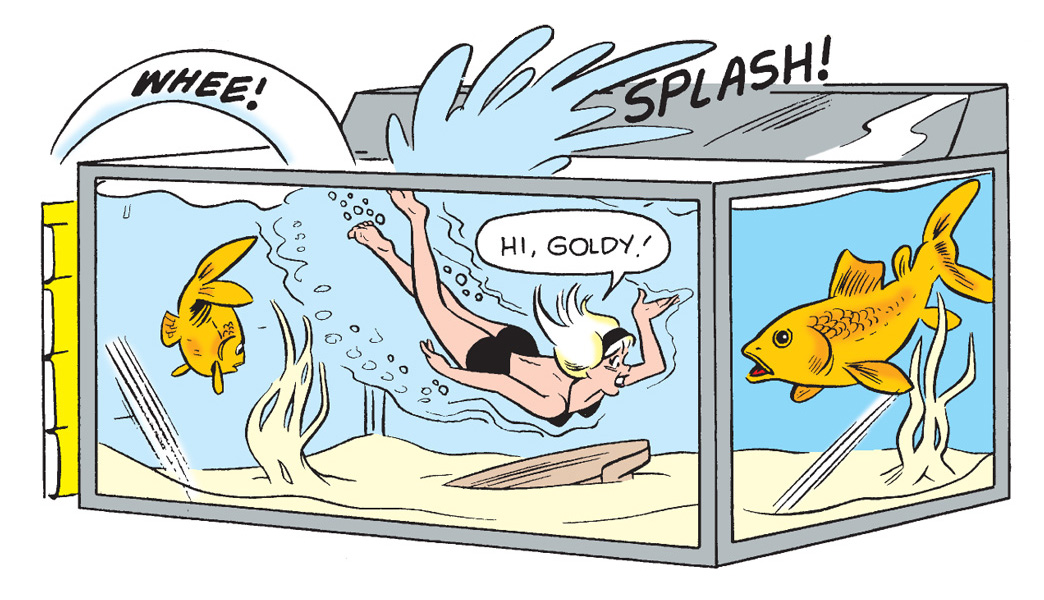 Panel from and Archie Comics story. Sabrina the Teenage Witch has shrunk herself with a magical spell and she dives into her pet fish tank to swim with the goldfish. 