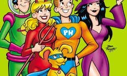 Jughead wears an astronaut costume, Betty wears a devil costume, Archie wears his Pureheart the Powerful superhero costume, Veronica wears a witch costume, and Archie's dog Vegas stands on his hind legs wearing a super dog costume. Veronica takes a selfie of the group and the y all smile at the camera.