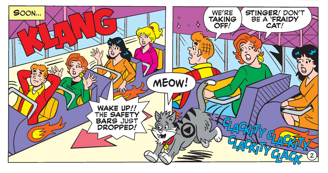 Panels from an Archie Comics story. Archie, Fran Frazier, Veronica, and Betty are on a roller coaster about to depart. Fran's cat Stinger, a gray and white cat with black stripes and a triangle play symbol in his fur, jumps away before it leaves.