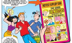 Veronica holds a smart phone with a dating app open to a page about Young Dr. Masters, a popular TV personality. It says Dr. Masters can teach you how to date. Veronica holds Archie's arm, who looks surprised, standing next to Jughead, also looking surprised, and she says Archie can take her out to an expensive restaurant after using the app to learn how to date.