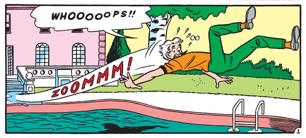 Panels from BETTY AND VERONICA DIGEST #325. Mr. Lodge runs on his pool deck, slips in a puddle, and flies out across the water, just before falling in.