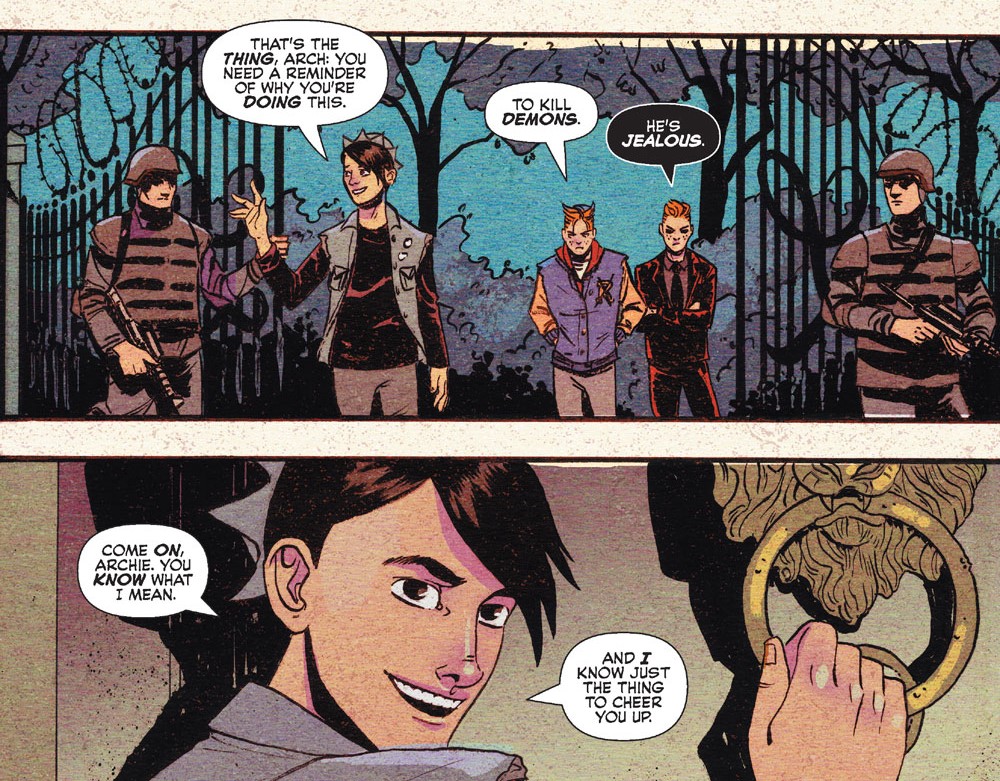 Panels from ARCHIE COMICS: JUDGMENT DAY #2. Jughead, Archie, and the demon Alistair enter a gated compound with heavily armed guards. Jughead says Archie needs to remember why he's doing this (meaning his fight against demons) and that he knows just the thing to cheer him up.
