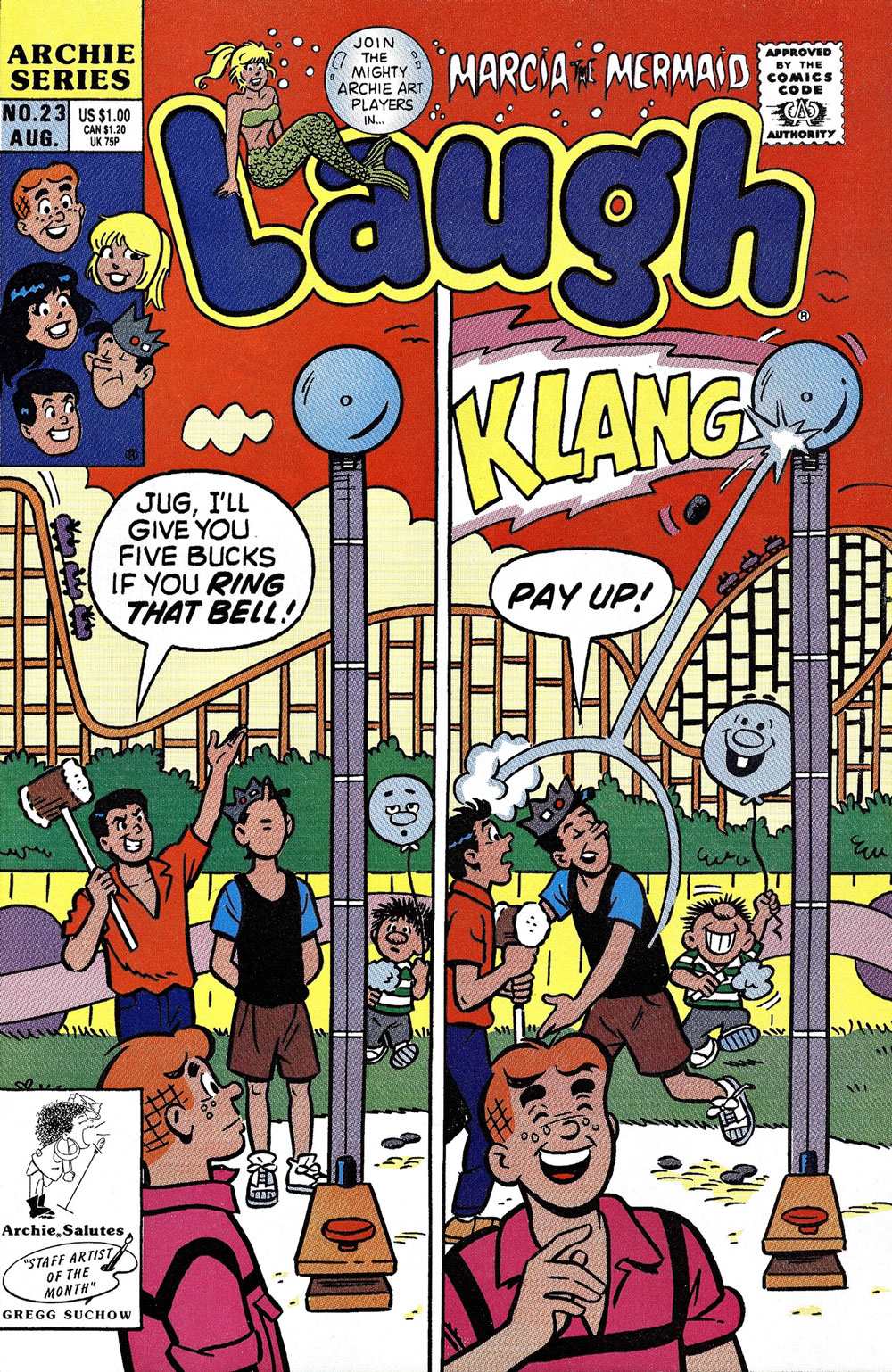Cover of LAUGH #23. Archie, Jughead, and Reggie are at an amusement part. Archie holds a mallet at a test of strength attraction and offers Jughead $10 if he can ring the bell at the top. In the next panel, Jughead throws a rock at the bell, making it ring, and tells Reggie to pay up.