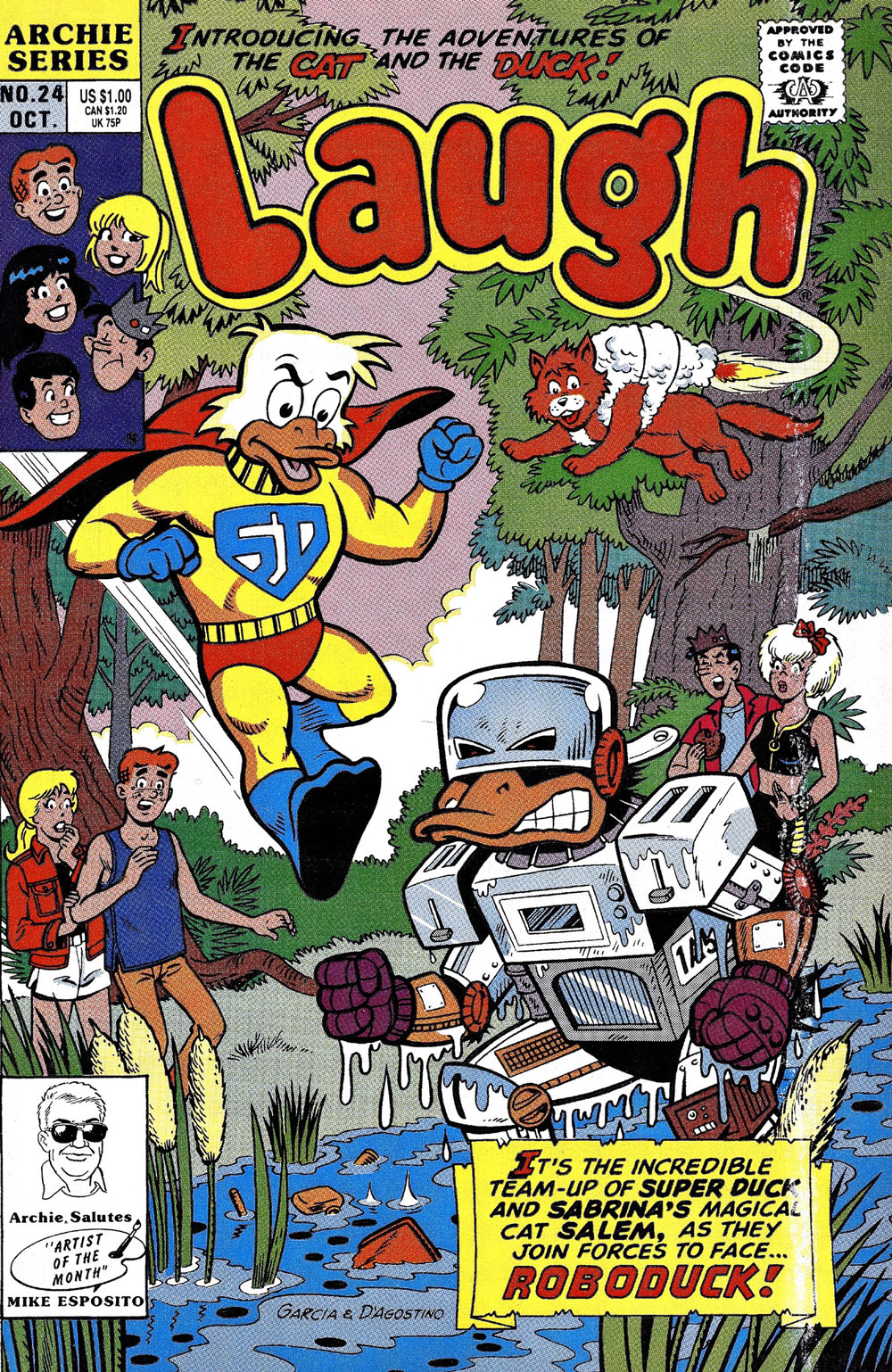 Super Duck and Salem the cat are flying into a scene in the woods where a villain called Roboduck is emerging from a river with a scowl. Betty, Archie, Jughead, and Sabrina look on alarmed.