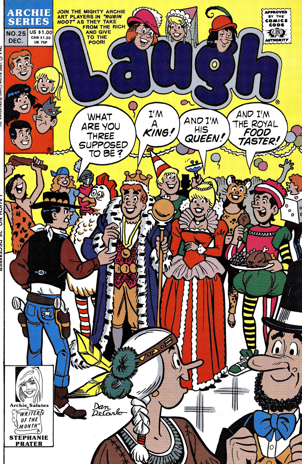 Archie and his friends are at a costume party. Reggie asks who they're supposed to be. Archie is a king, Betty is his queen, and Jughead, dressed as a court jester, says he's the royal food tester. He's eating a plate full of food.
