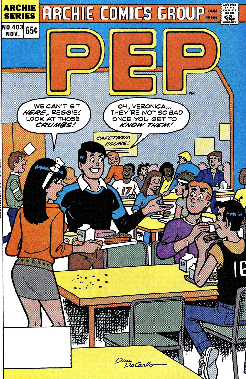 Cover of PEP # 403. The gang is in the school lunch room at a dirty table. Veronica tells Reggie they can't sit there because of the crumbs. Reggie points at Archie and Jughead and says they're not so bad once you get to know them.