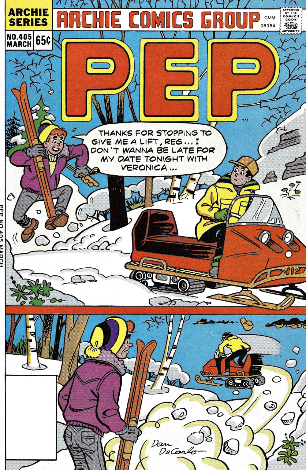 Cover of PEP #405. Reggie drives a snow mobile and Archie runs after him holding skis, saying thanks for giving him a lift because he doesn't want to be late for his date with Veronica. As soon as he hears this, in the next panel, Reggie speeds off without Archie.
