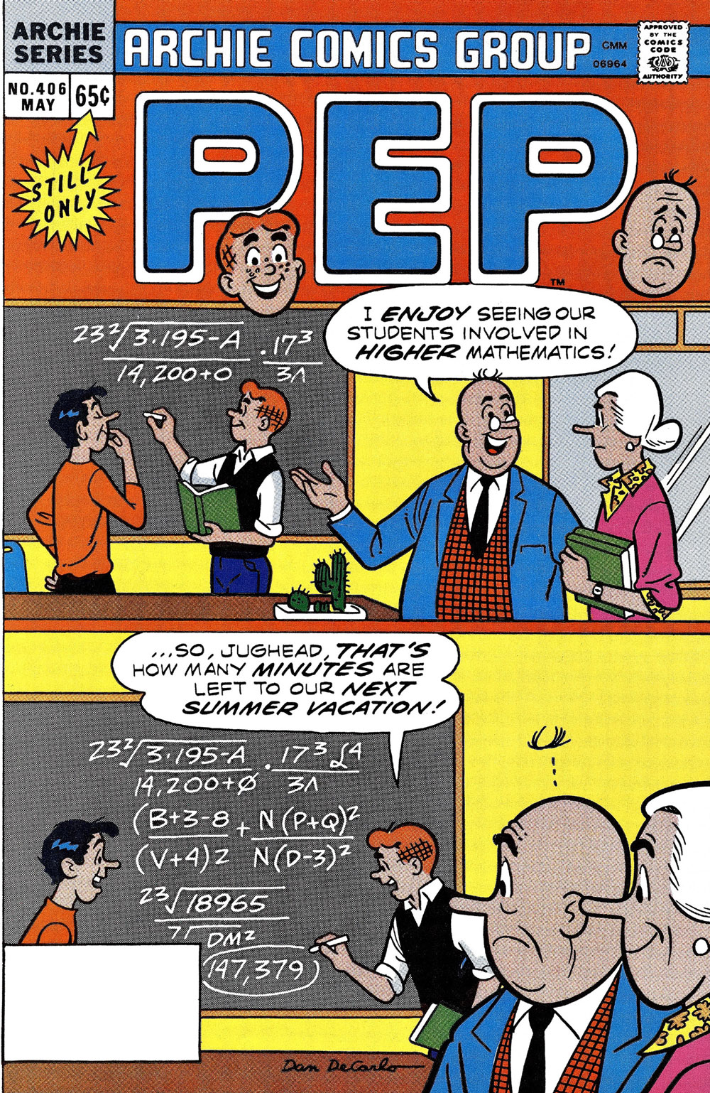 Archie and Jughead work out a math equation at the blackboard while Mr. Weatherbee and Ms. Grundy look on. Weatherbee says he enjoys seeing them engaged with math. In the next panel, Archie says it's how he's calculating how many minutes are left until summer vacation.
