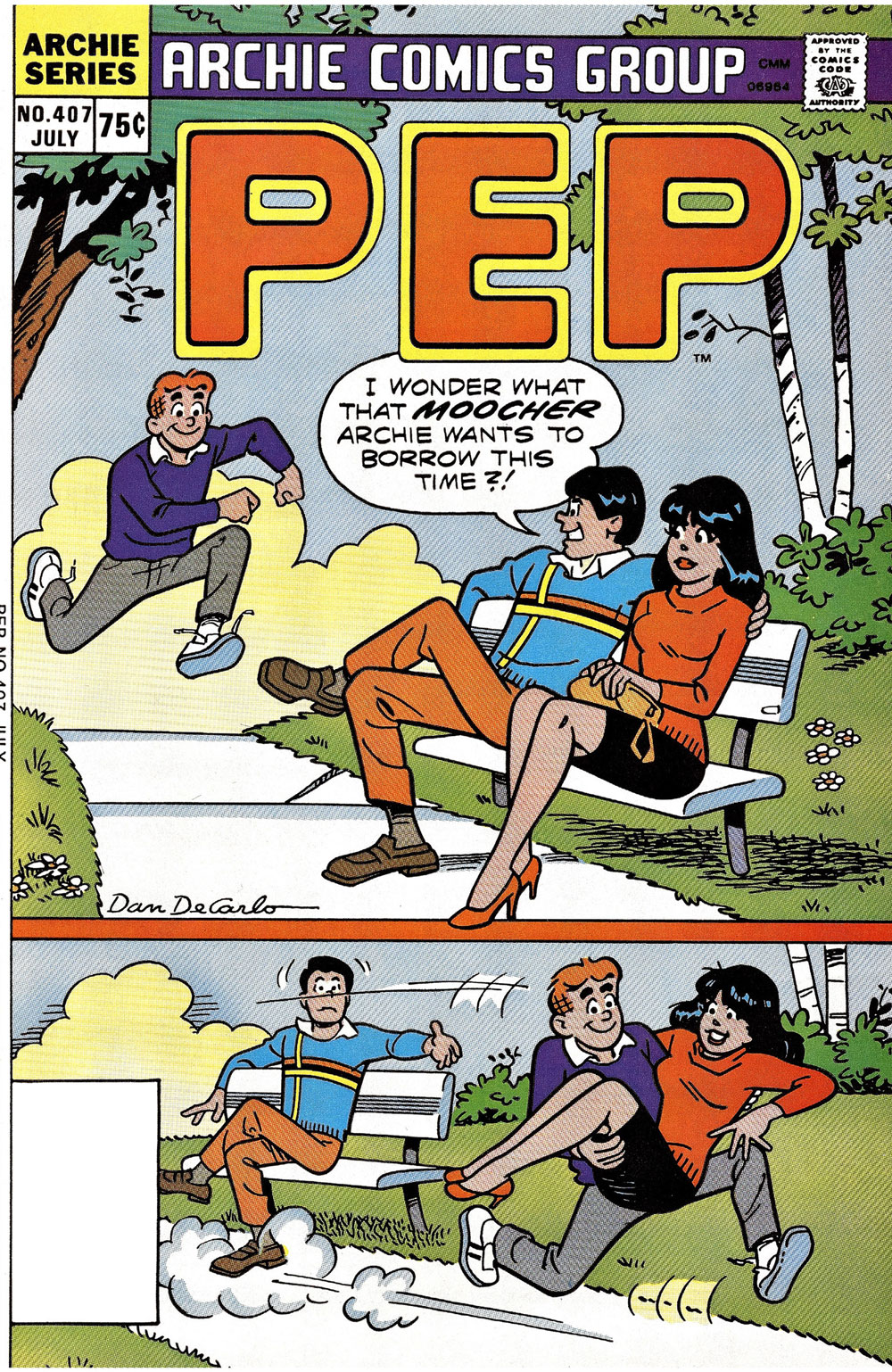 Archie runs through the park past Reggie and Veronica who are sitting on a bench. Reggie wonders what Archie wants to borrow from him this time. In the next panel, Archie is running away with Veronica in his arms and Reggie looks stunned.