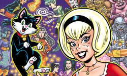 Cover of SABRINA ANNUAL SPECTACULAR 2024. Sabrina smiles looking out at the viewer, levitating her cat familiar Salem above one hand. They stand in front of a collage of various characters from other recent Sabrina stories including her aunts, her uncle Ambrose, The Wicked Trinity (Sapphire, Jade, and Amber), Trick and Treat the Halloween imps, and various monsters. In the upper right corner of the cover is a blurb announcing the first appearance of the Malevolent Mother Striga. Mother Striga is pictured in head only, a green-skinned older women with long black hair with streaks of gray.