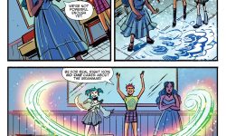 Panels from an Archie Comics story. Teen witches Jade, Sapphire, and Amber are cleaning up after a failed magical spell in school. Sapphire says they aren't powerful enough yet and Jade says Amber can't remember the words. Amber says no one cares about grammar as she whips up a green cloud of magic that whooshes through the empty classroom.