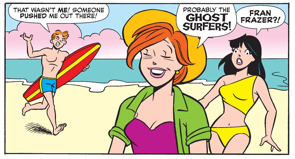 Archie, Fran Frazer, and Veronica are on the beach. Archie complains that someone pushed him out in the water while surfing, and Fran says it was probably the Ghost Surfers.