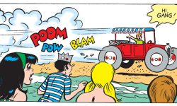 Archie drives a beach buggy down the beach shouting hi at the gang: Veronica, Betty, and Jughead. The car is backfiring as he goes.