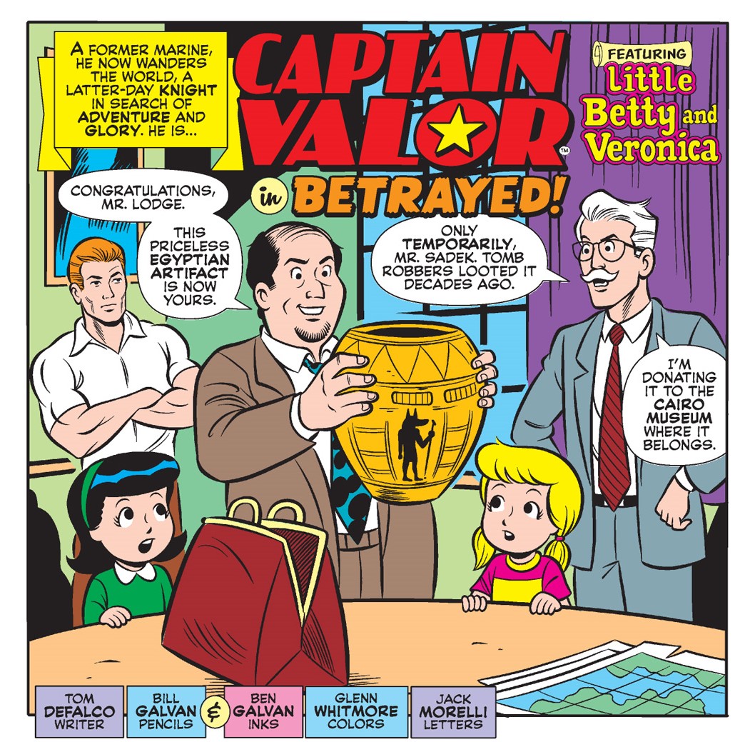 Splash panel from an Archie Comics story featuring Captain Valor and Little Betty & Veronica by the subjects of this interview, Bill & Ben Galvan