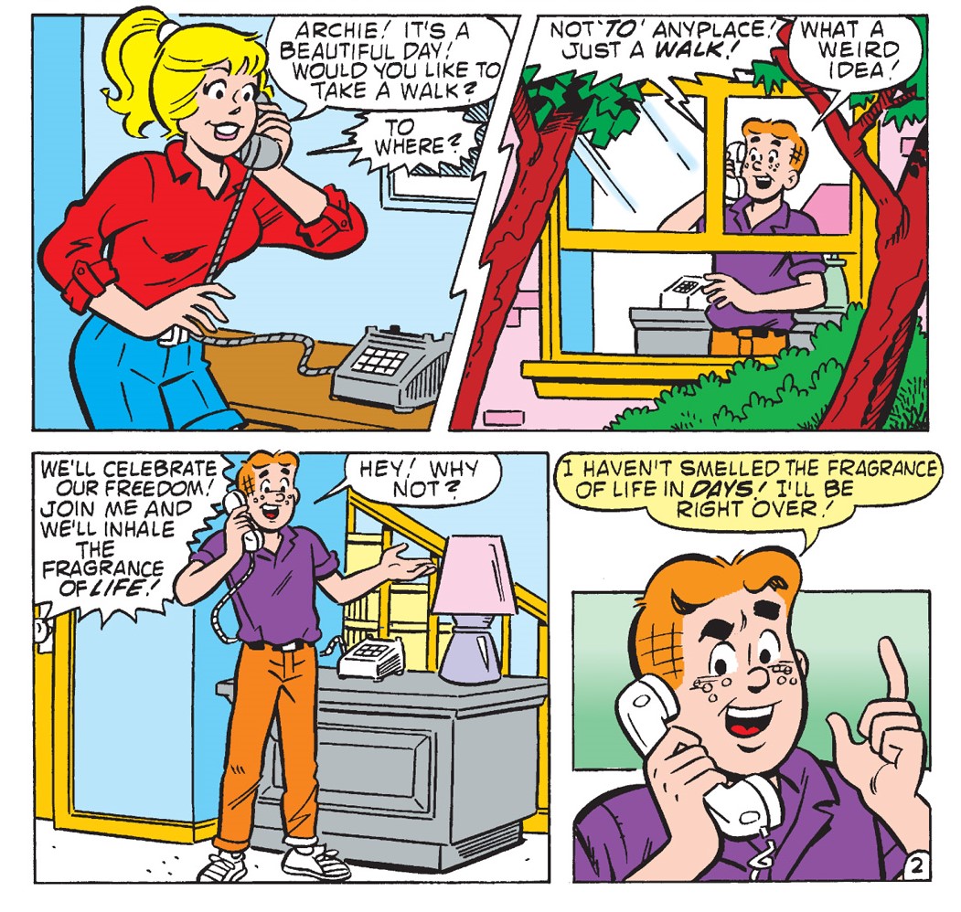 Panels from an Archie Comics story. Betty calls Archie and asks him to go for a walk.