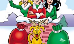 Cover of ARCHIE DIGEST #355. Betty, Archie, Veronica, and Archie's dog Vegas are dressed as Santa and his elves, in a chimney on a snowy rooftop at Christmas time.