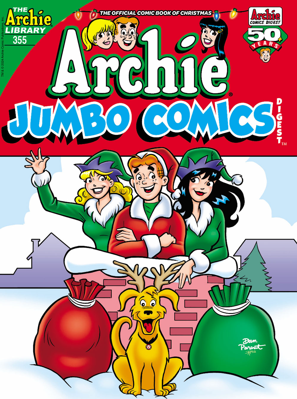 Cover of ARCHIE DIGEST #355. Betty, Archie, Veronica, and Archie's dog Vegas are dressed as Santa and his elves, in a chimney on a snowy rooftop at Christmas time.