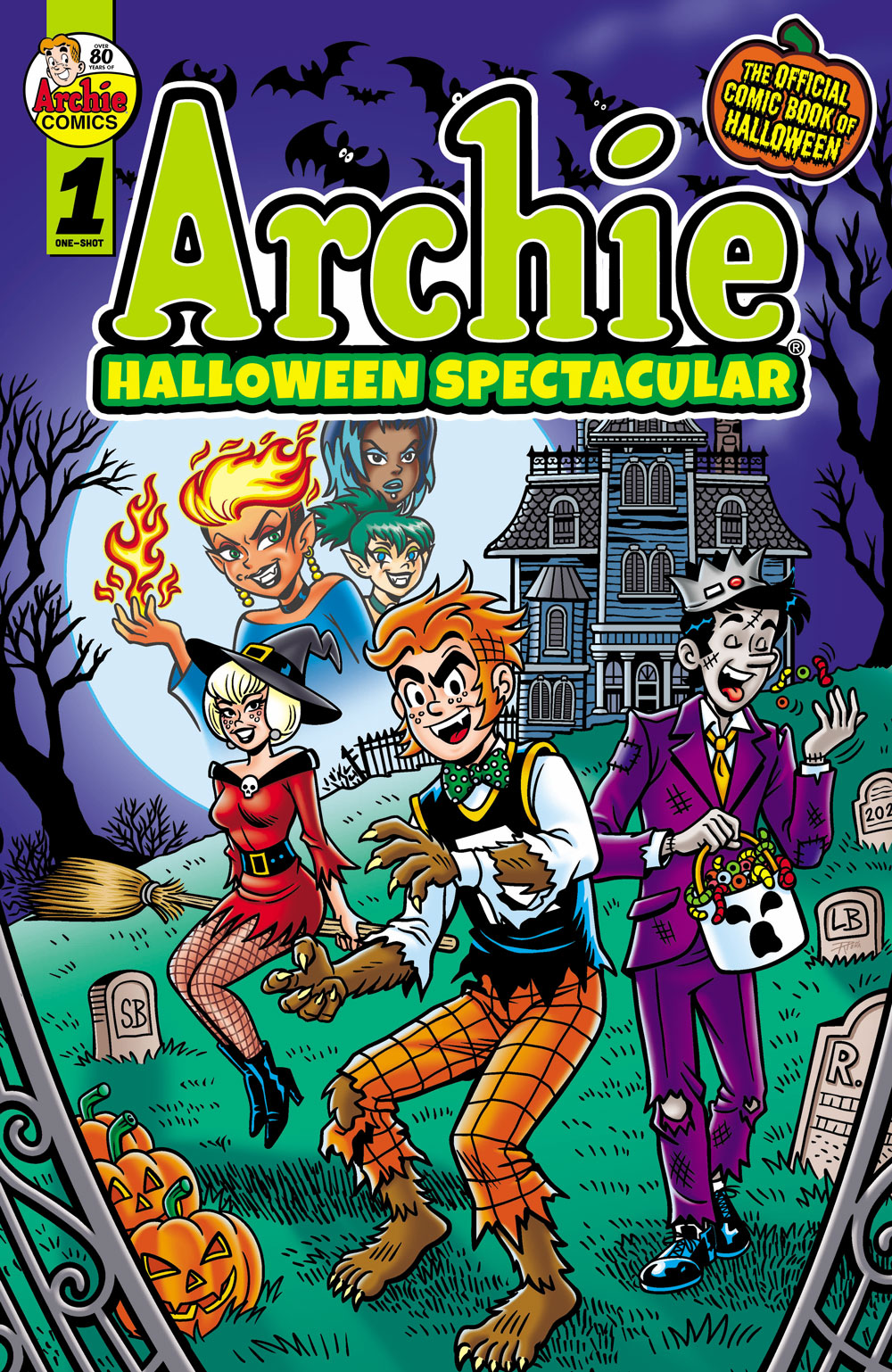 Archie and Jughead, wearing Halloween costumes, stand in a cemetery in front of Eyegore Estates, a creepy rundown haunted house, at night. Carved jack-o-lanterns are on the ground and Jughead is snacking on candy from his trick or treat bucket. Sabrina floats behind them on a broom, and an image of the Wicked Trinity -- Amber, Sapphire, and Jade -- floats behind them against the backdrop of a full moon. Amber is holding flames in an open palm. Bats fly above them.