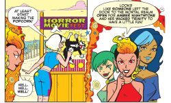 Panels from an Archie Comics story. Sabrina is playing with her cat Salem on the beach under a sign that reads Horror Movie Fest. Behind her, Jade, Amber, and Sapphire, her enemy witches appear in a portal and say Sabrina accidentally left it open for them to join the mortal realm.