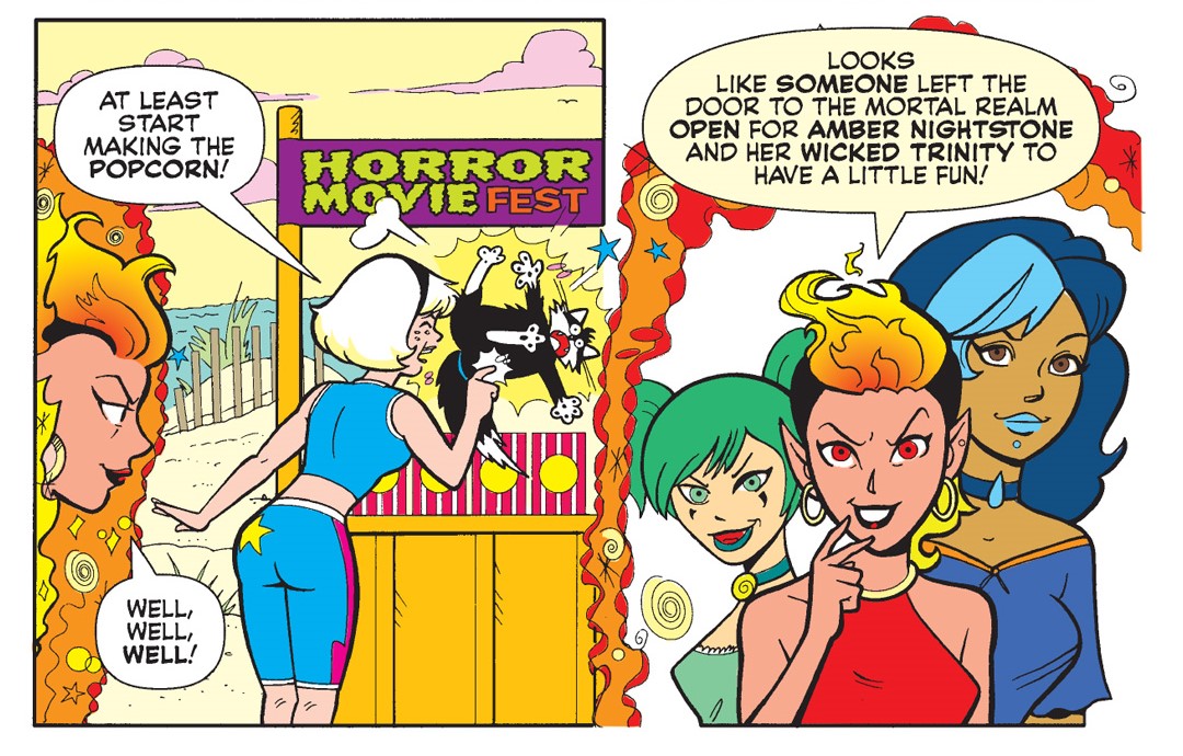 Panels from an Archie Comics story. Sabrina is playing with her cat Salem on the beach under a sign that reads Horror Movie Fest. Behind her, Jade, Amber, and Sapphire, her enemy witches appear in a portal and say Sabrina accidentally left it open for them to join the mortal realm.