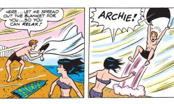Panels from an Archie Comics story. Archie tries to set out a beach blanket for Veronica but the wind picks up and carries him away like a parachute.