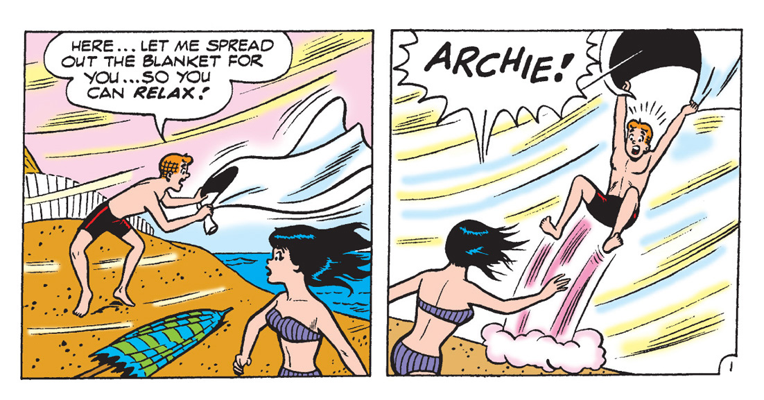 Panels from an Archie Comics story. Archie tries to set out a beach blanket for Veronica but the wind picks up and carries him away like a parachute.