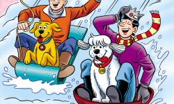 Cover of ARCHIE MILESTONES DIGEST #26, with the subtitle as Winter Wonderland. Archie, Jughead, and their dogs Vegas and Hot Dog are sledding down a snowy hill.