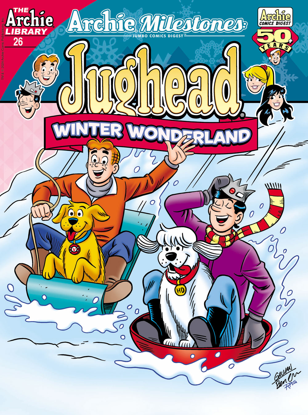 Cover of ARCHIE MILESTONES DIGEST #26, with the subtitle as Winter Wonderland. Archie, Jughead, and their dogs Vegas and Hot Dog are sledding down a snowy hill.