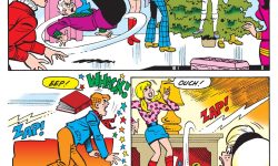 Panels from an Archie Comics Story. Sabrina and the gang put up a Christmas tree but it has a ghost who starts zapping everyone with magic bolts.