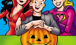 Cover of BETTY & VERONICA DIGEST #328. Veronica, Archie, and Betty are wearing Halloween costumes and leaning on a carved jack-o-lantern. Veronica and Betty are wearing superhero costumes and Archie is dressed as Frankenstein's monster.