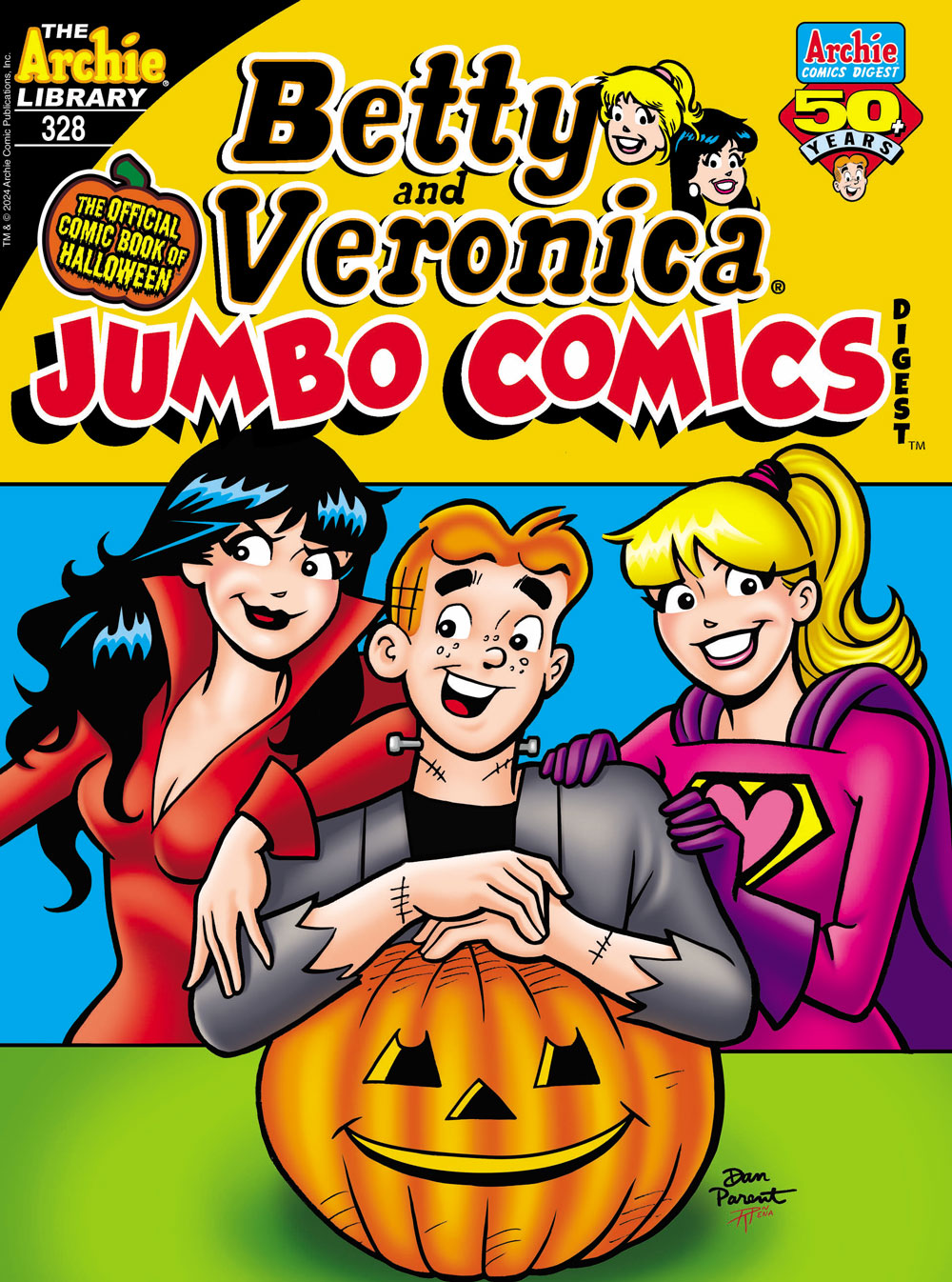 Cover of BETTY & VERONICA DIGEST #328. Veronica, Archie, and Betty are wearing Halloween costumes and leaning on a carved jack-o-lantern. Veronica and Betty are wearing superhero costumes and Archie is dressed as Frankenstein's monster.