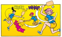Panel from BETTY & VERONICA DIGEST #326. Three girls from Riverdale play pickleball very aggressively, whapping the balls with paddles as hard as they can with determined looks on their faces.
