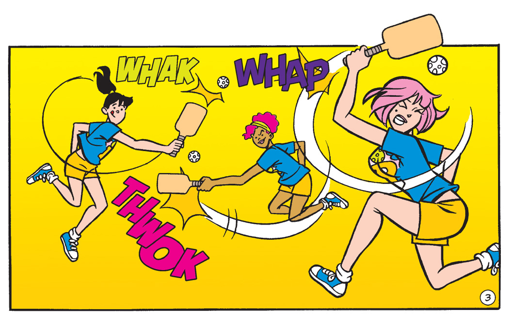 Panel from BETTY & VERONICA DIGEST #326. Three girls from Riverdale play pickleball very aggressively, whapping the balls with paddles as hard as they can with determined looks on their faces.