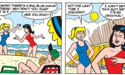 Panel from BETTY & VERONICA DIGEST #326. Betty and Veronica are on the beach. Betty asks Veronica why she doesn't jump in the water and she says she doesn't want to get her bathing suit wet because it's an original.
