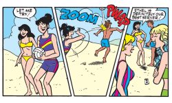 Panels from an Archie Comics Story. Betty, Veronica, Cassie, and Ethel are on the beach playing volleyball. Ethel serves and the ball whacks a guy in the back of the head.