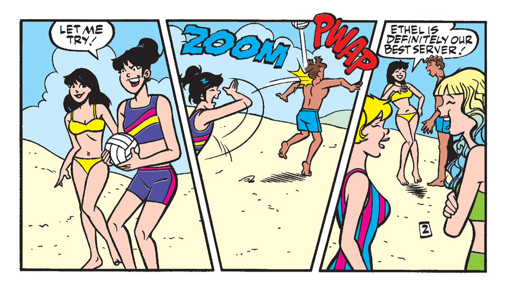 Panels from an Archie Comics Story. Betty, Veronica, Cassie, and Ethel are on the beach playing volleyball. Ethel serves and the ball whacks a guy in the back of the head.